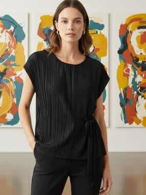 NEW Alfani Black Pleated Mix Media Tie Top Boho Minimalist Edgy Career Chic